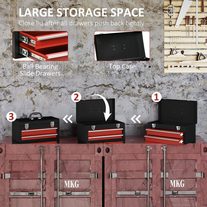 2 Drawer Tool Chest, Lockable Metal Tool Box with Ball Bearing Runners, Portable Toolbox, 460mm x 240mm x 220mm, Black