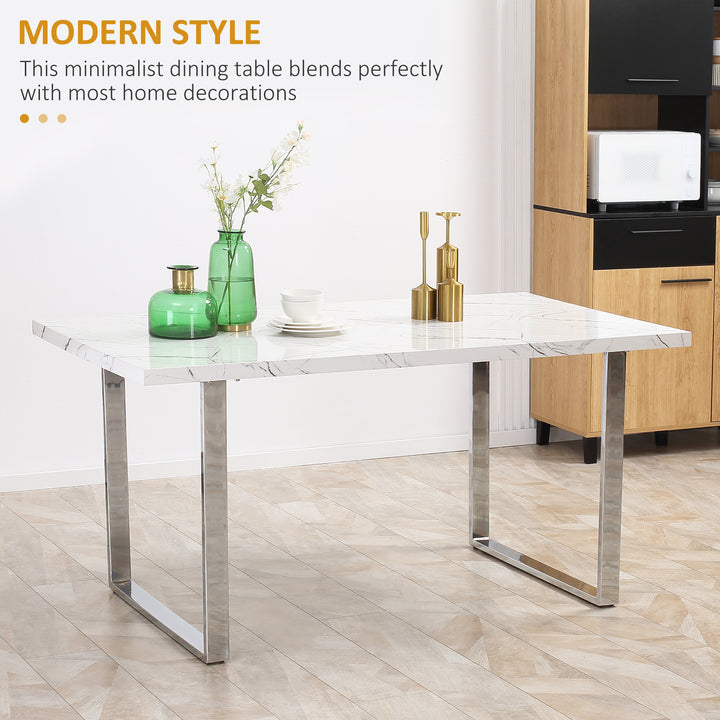 Modern Dining Room Table Rectangular Kitchen Table for 6-8 People with Marble Effect Tabletop Steel Legs 160 cm White