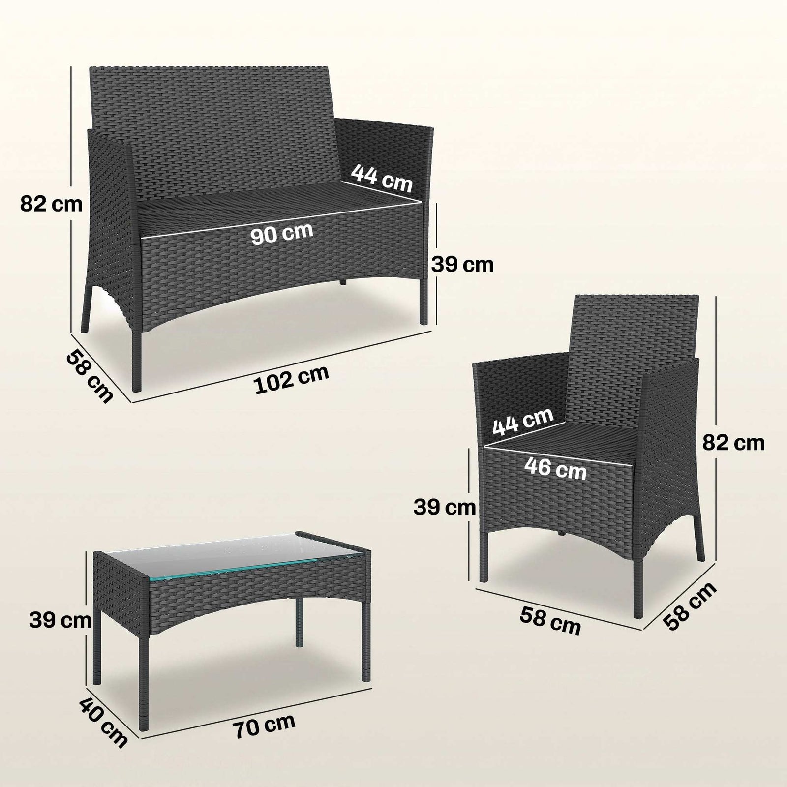4 Piece Rattan Garden Furniture Sofa Set with Loveseat, Armchairs, Gla
