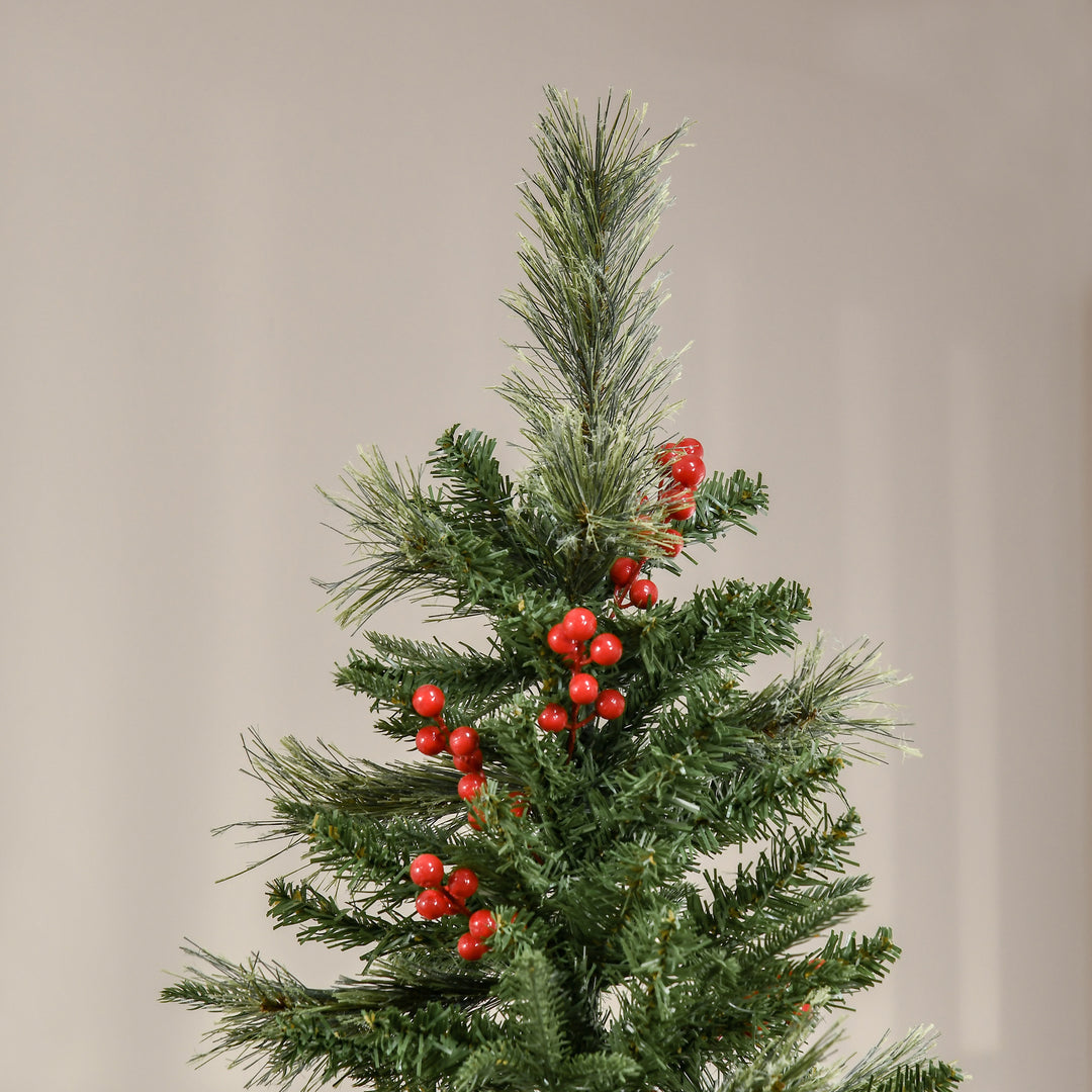 MCL 7ft Pencil Artificial Christmas Tree with Realistic Branches, Red Berries, Auto Open, Green