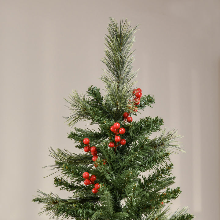 MCL 7ft Pencil Artificial Christmas Tree with Realistic Branches, Red Berries, Auto Open, Green
