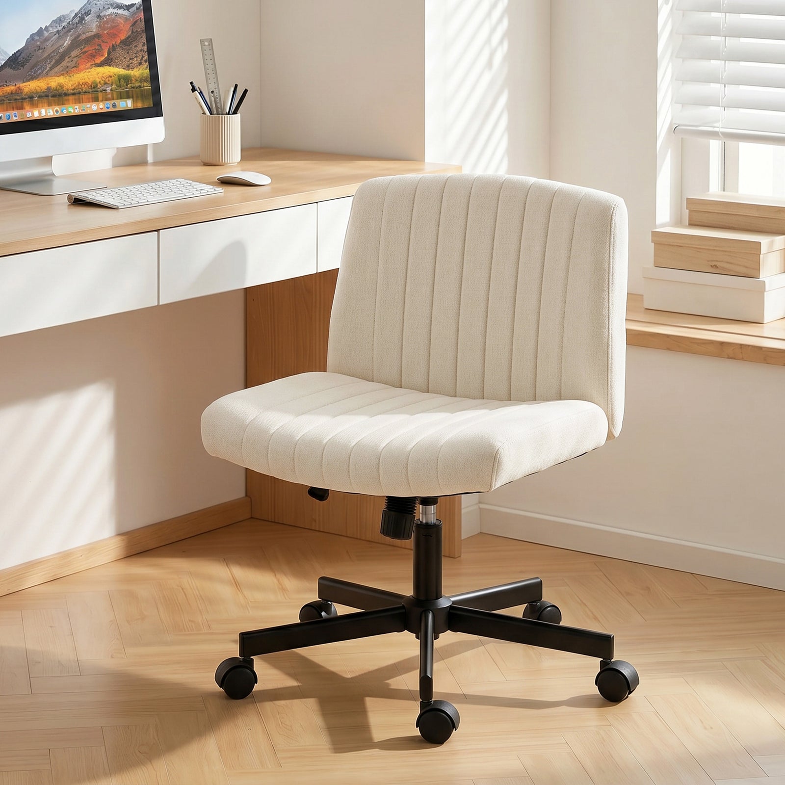 Imitation Linen Criss Cross Legged Desk Chair, Armless Office Chair wi
