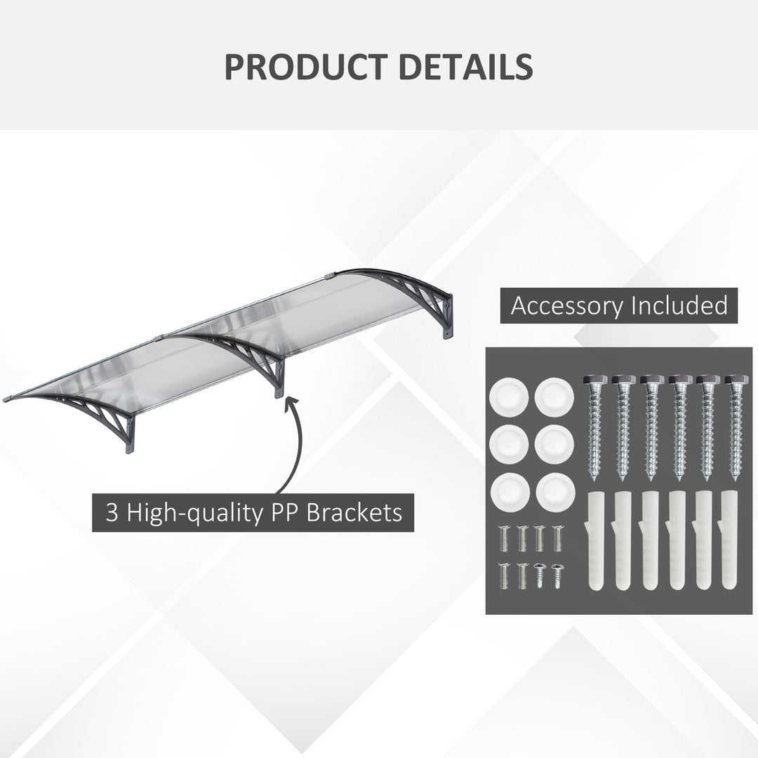 Front Door Canopy Outdoor Awning Aluminium Rigid Plastic Polycarbonate Rain Shelter UV Water Rain Resistant 196 x 75cm Clear