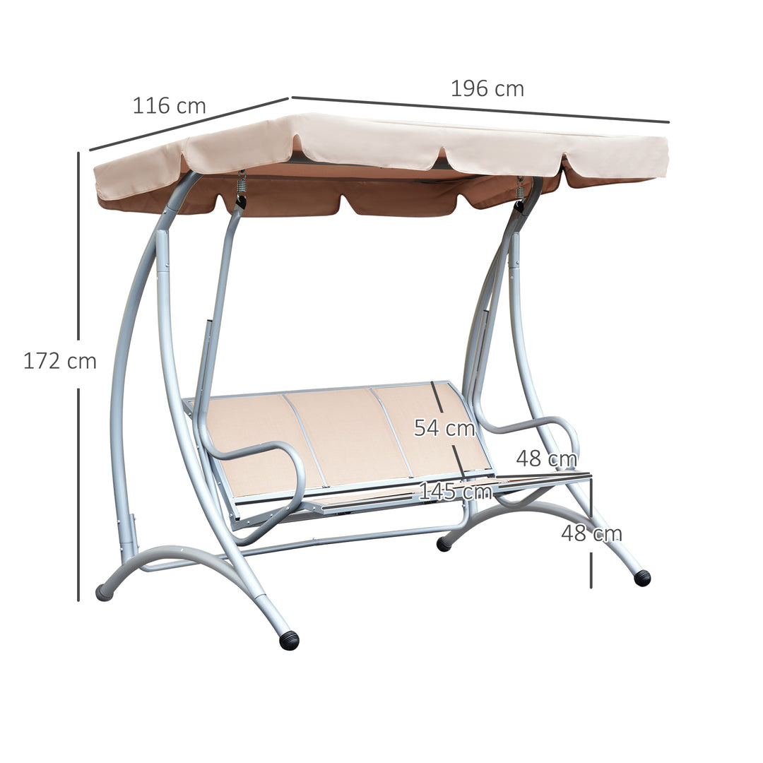 3 Seater Garden Swing Seat Bench Steel Swing Chair with Adjustable Canopy for Outdoor Patio Porch - Beige