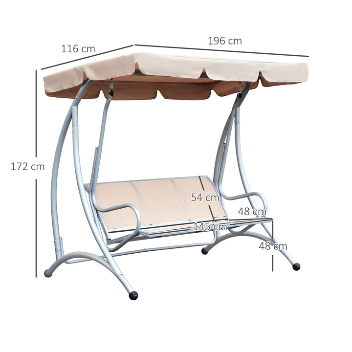 3 Seater Garden Swing Seat Bench Steel Swing Chair with Adjustable Canopy for Outdoor Patio Porch - Beige