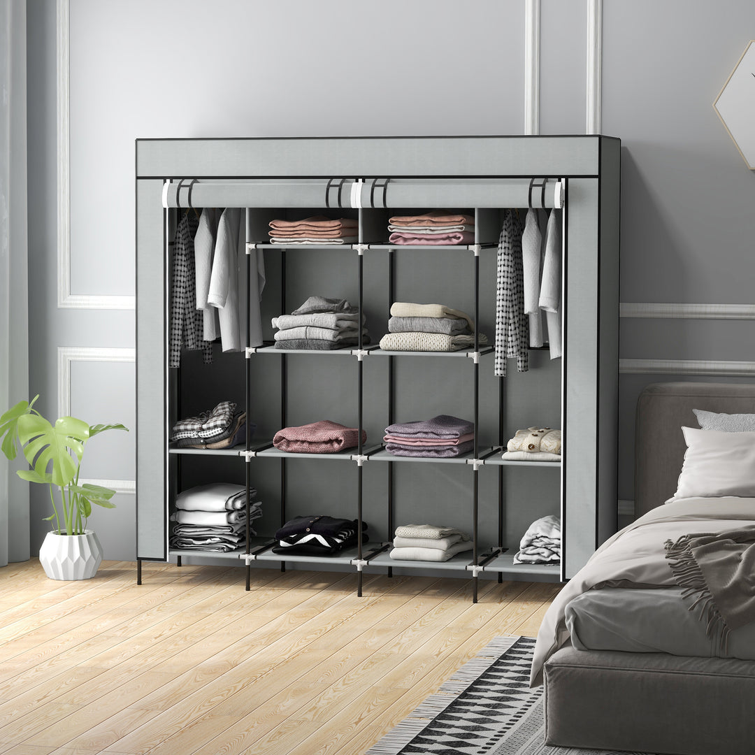 Fabric Wardrobe for Bedroom, Portable Cloth Wardrobe with 10 Compartments, 2 Hanging Rails and 4 Fabric Drawers, 166 x 42.5 x 169.5cm, Dark Grey