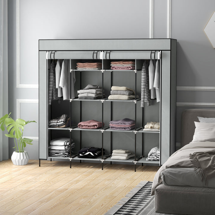 Fabric Wardrobe for Bedroom, Portable Cloth Wardrobe with 10 Compartments, 2 Hanging Rails and 4 Fabric Drawers, 166 x 42.5 x 169.5cm, Dark Grey