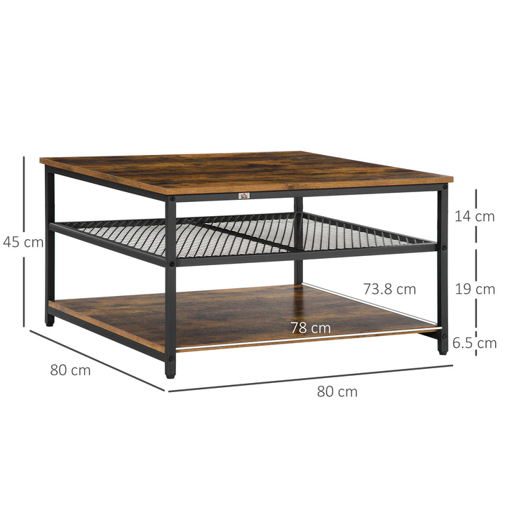 HOMCOM Industrial Coffee Table: Square Cocktail Table with 3-Tier Shelves, Rustic Brown for Living Room | Aosom UK