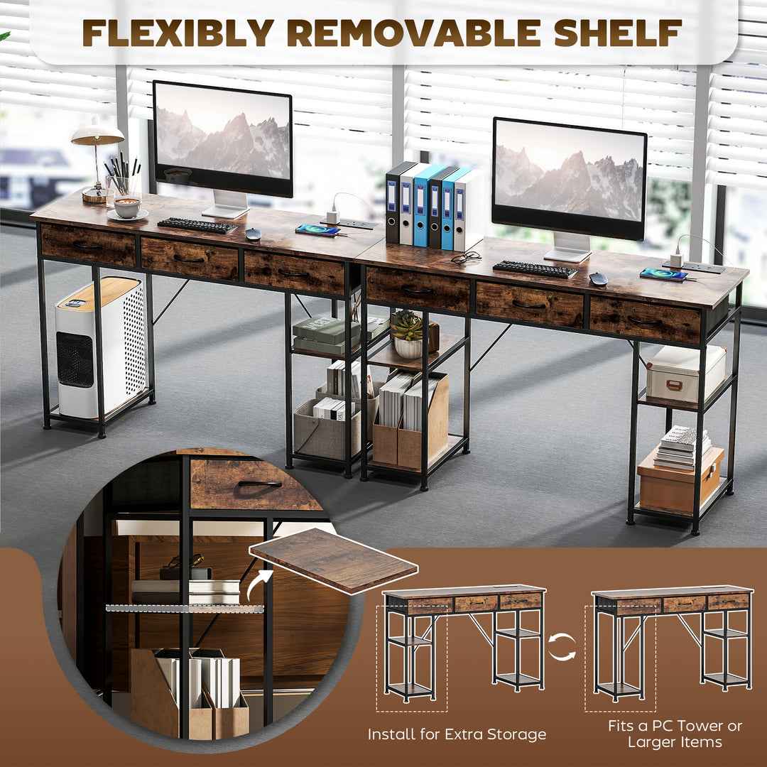 120cm Computer Desk with Power Outlets, Office Desk Study Table with Fabric Drawers and Storage Shelves, Rustic Brown