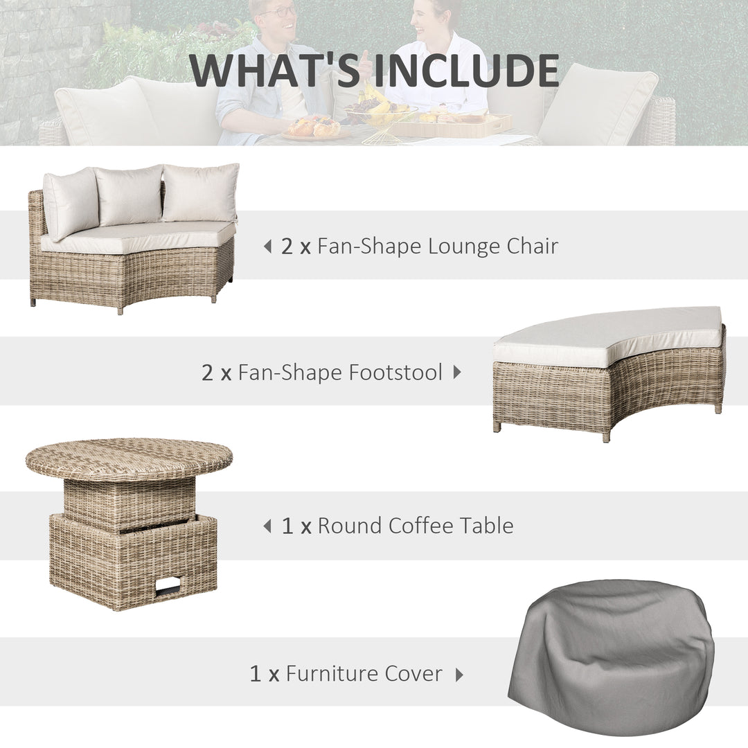 5 Pieces Outdoor PE Rattan Round Garden Daybed with Cushions, Aluminium Patio Furniture Set Lounge Chair Conversation Sofa Set with Liftable Coffee Table and Protect Cover, Grey