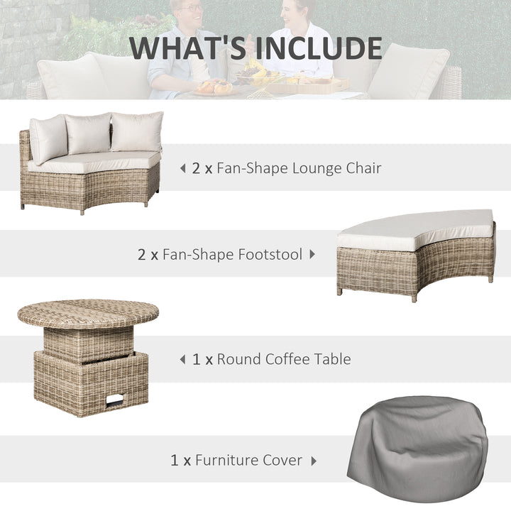 5 Pieces Outdoor PE Rattan Round Garden Daybed with Cushions, Aluminium Patio Furniture Set Lounge Chair Conversation Sofa Set with Liftable Coffee Table and Protect Cover, Grey