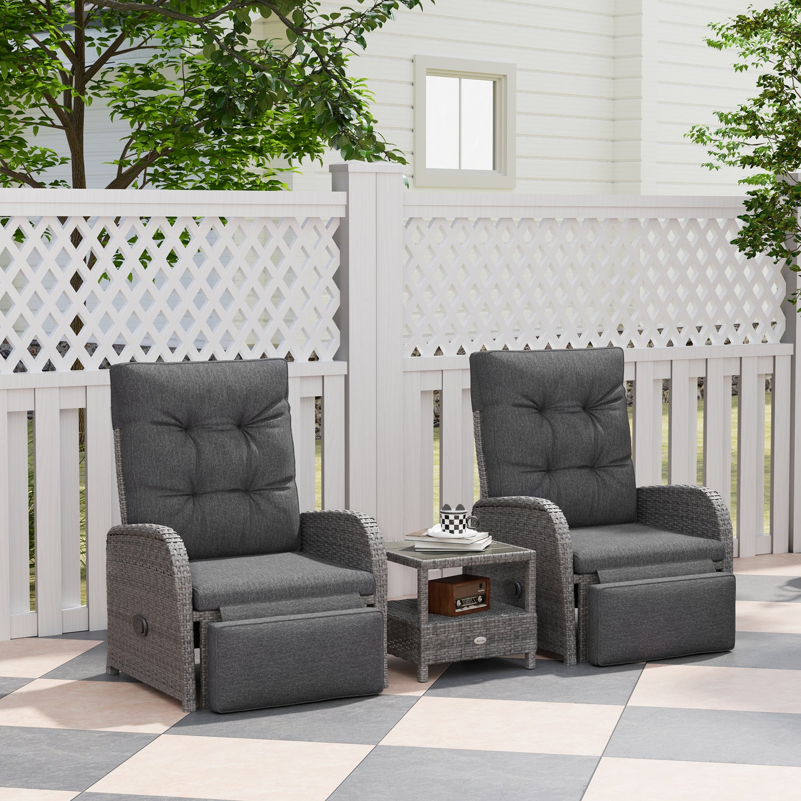 2 Seater Patio Rattan Wicker Chaise Lounge Sofa Set w/ Cushion for Patio Garden Porch, Grey