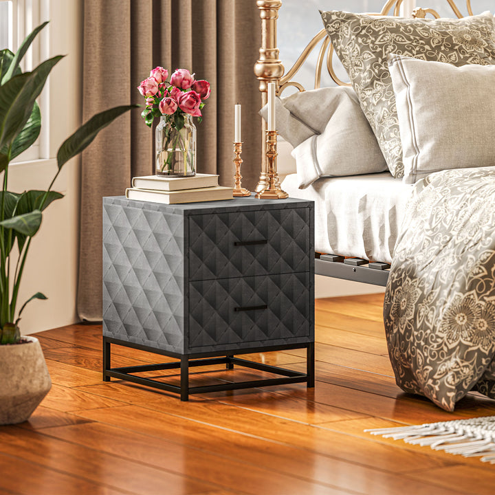 Bedside Tables Set of 2, Modern Bedside Table Nightstand with 2 Drawers, Bedside Cabinet Sofa Side Table with Storage, Steel Legs for Bedroom, Living Room, Grey