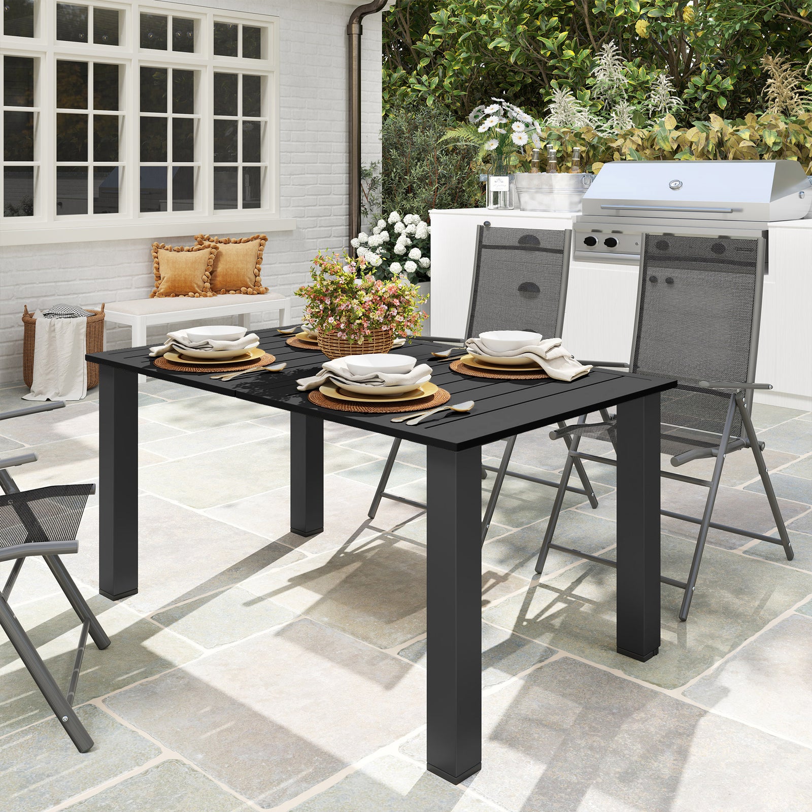 Garden Table with Parasol Hole for 6 Person, Rectangle Outdoor Dining Table with Slatted Metal Tabletop, Steel Frame for Patio, Balcony, 150 x 90 x 73 cm, Black