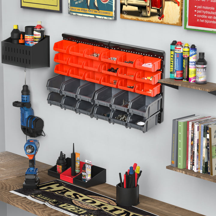 DURHAND Professional Wall Mounted Tool Organiser, 30-Compartment, PP Material, Ideal for Hardware Storage, Red/Grey | Aosom UK