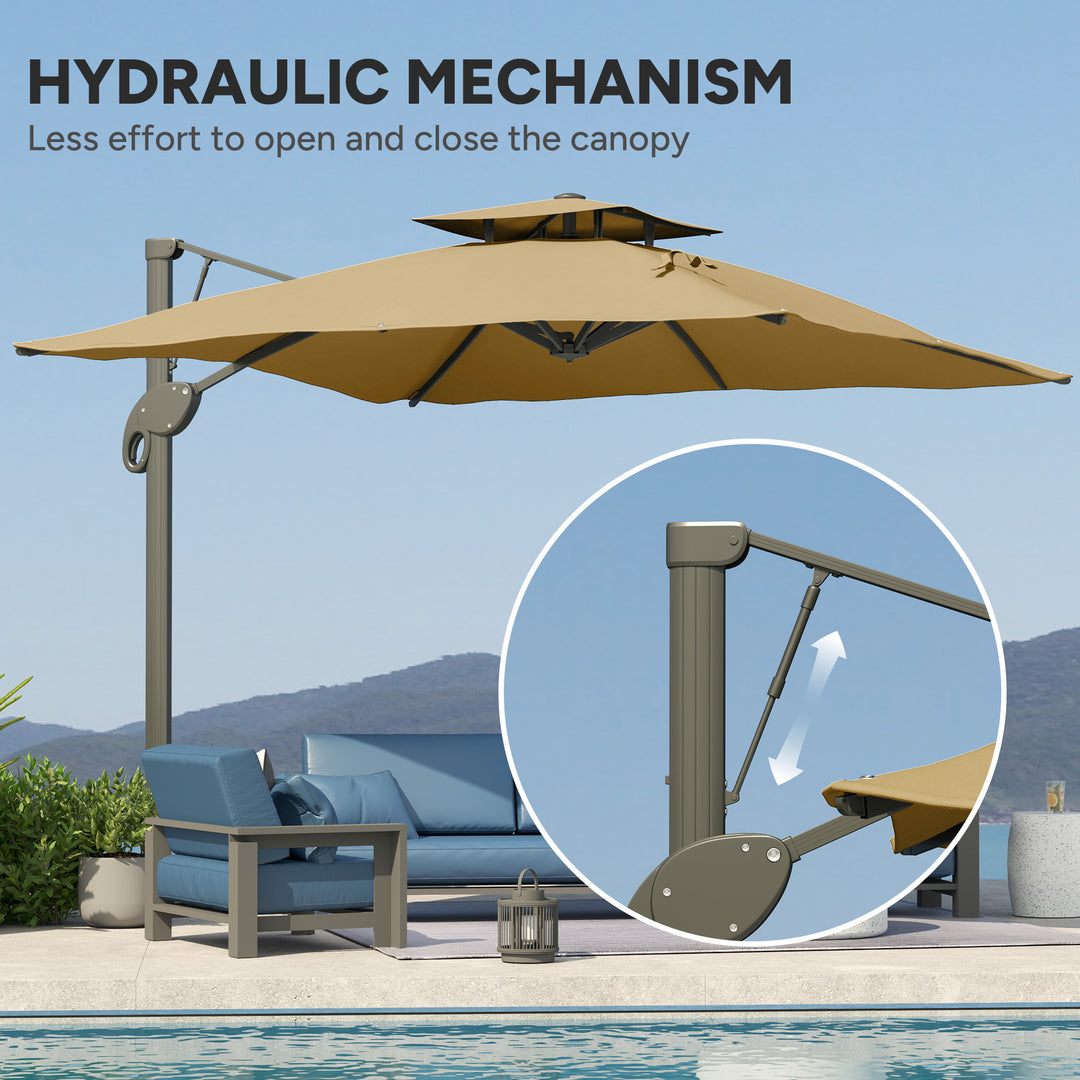 Garden Parasol, 3(m) Cantilever Parasol with Hydraulic Mechanism, Dual Vented Top, 8 Ribs, Cross Base, Khaki