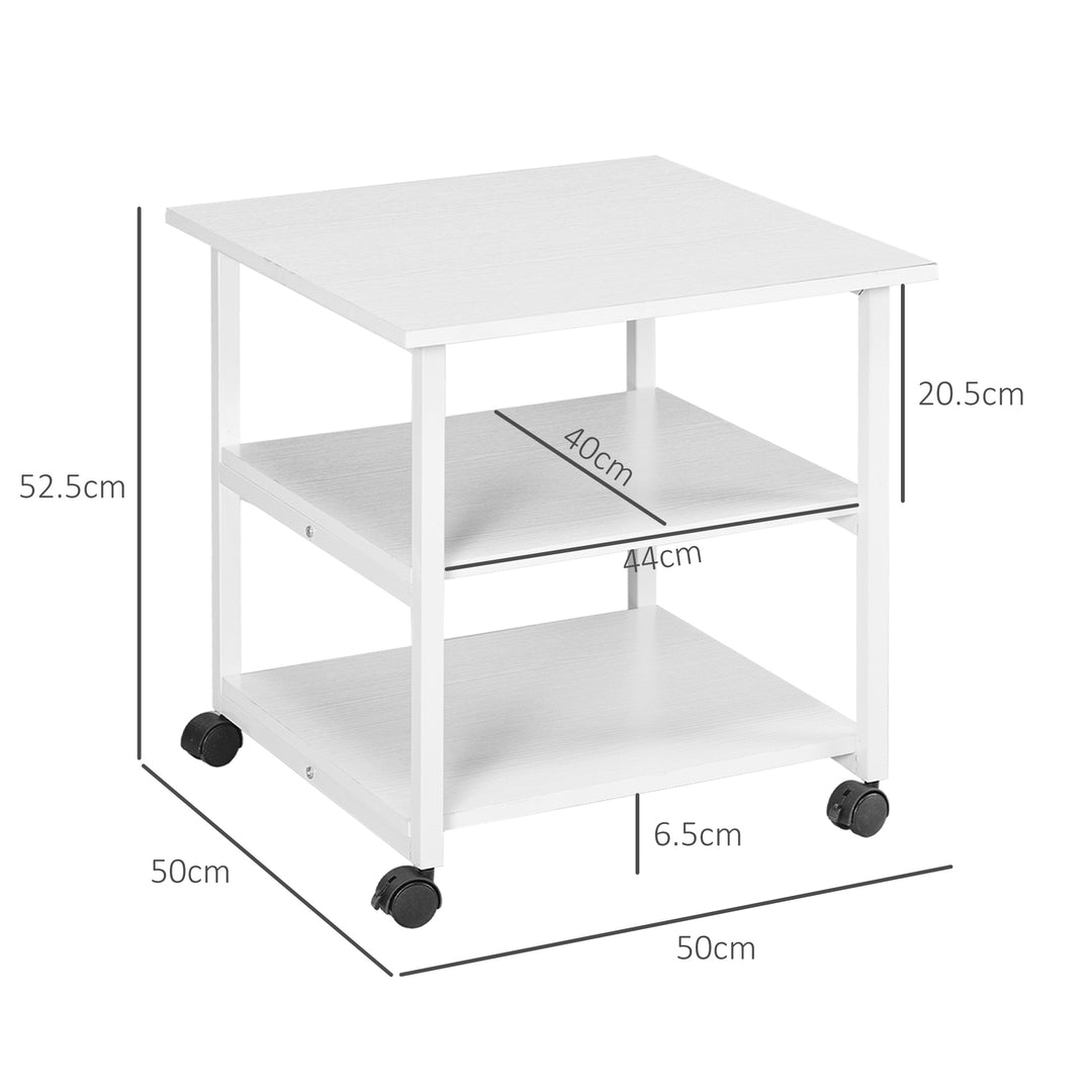 HOMCOM 3-Tier Printer Stand w/ Storage Shelf, Mobile Printer Table on Wheels, 50 x 50 x 52.5cm Rolling Printer Cart for Home Office, White | Aosom UK