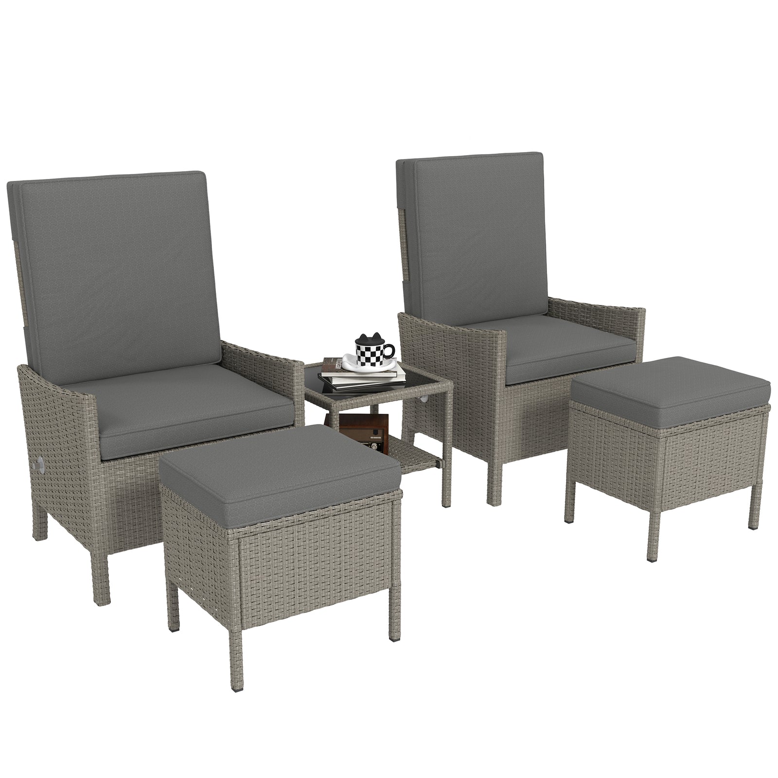 5 Piece Rattan Garden Furniture Set, Wicker Patio Sofa Set with 2 Armchairs, 2 Footstools, Glass Top Coffee Table with Shelf, Outdoor Furniture with Adjustable Backrests, Cushions, Dark Grey