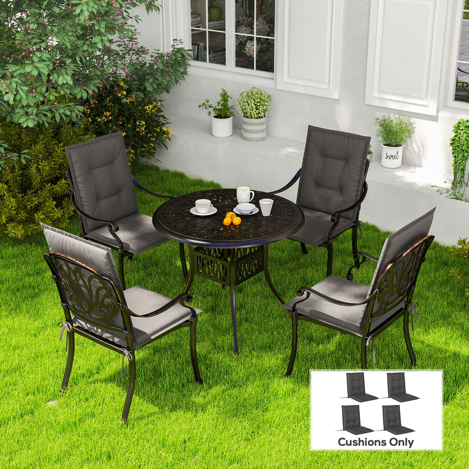 Set of Four Padded Garden Seat Cushions - Charcoal Grey