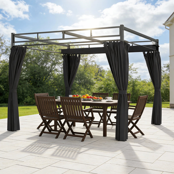 3 x 3 m Pergola with Retractable Roof Canopy and Curtains, UPF30+ Metal Frame Garden Pergola Gazebo Sun Shade