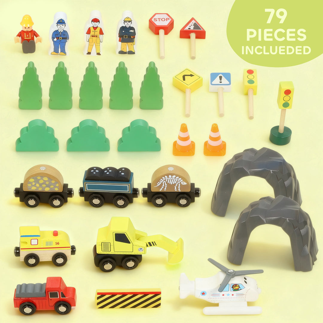 MCL 79 Piece Wooden Train Set, Kids Train Track Mine Themed with Crane, Helicopter