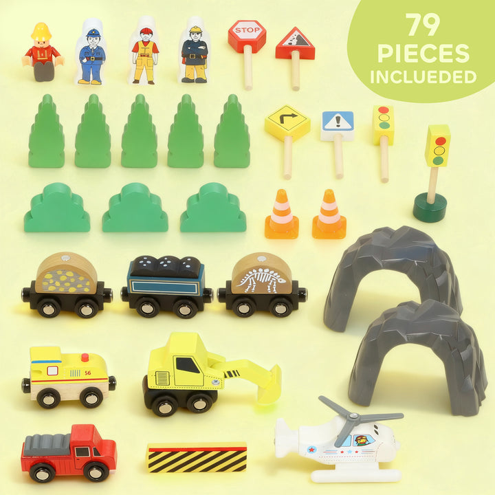 MCL 79 Piece Wooden Train Set, Kids Train Track Mine Themed with Crane, Helicopter