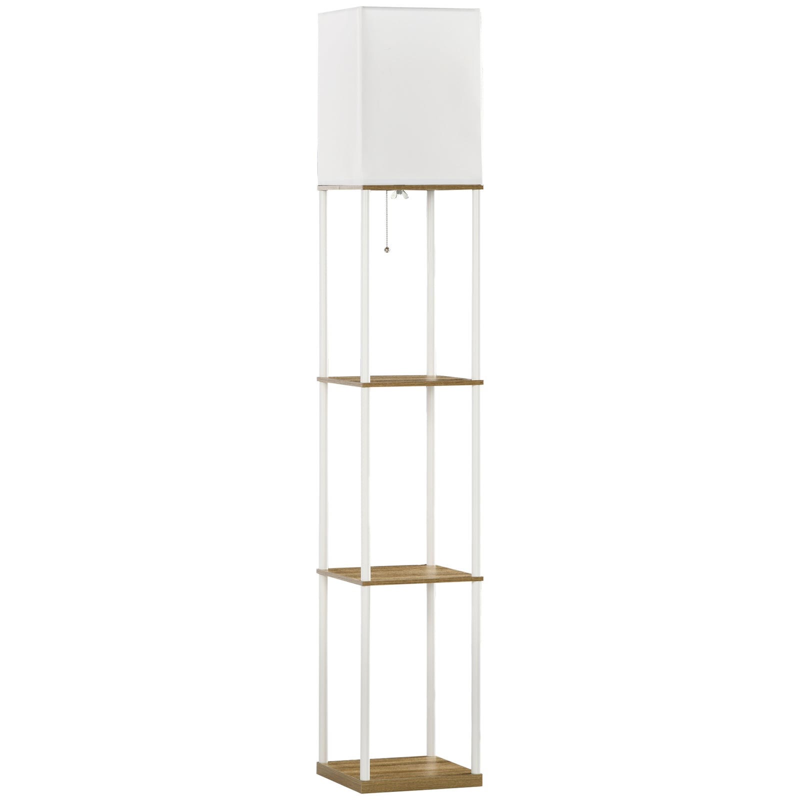 Modern Floor Lamp with Shelves, 3 Layer Shelf Tall Standing Lamp with Fabric Lampshade, Pull Chain Switch for Living Room, Bedroom, Bulb not Included, White