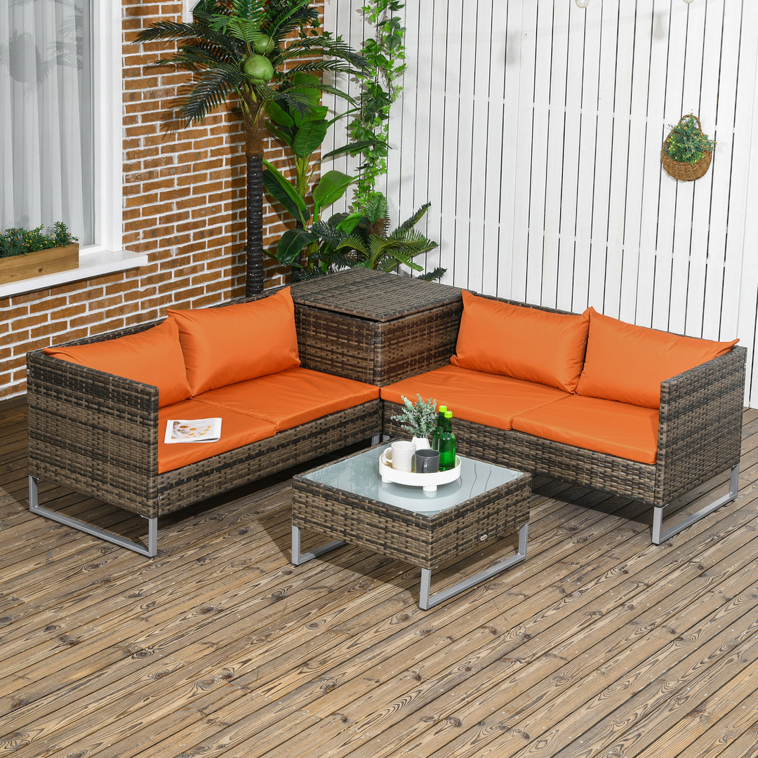 Outsunny 4 PCs Garden Rattan Wicker Outdoor Furniture Patio Corner Sofa Love Seat and Table Set with Cushions Side Desk Storage - Orange