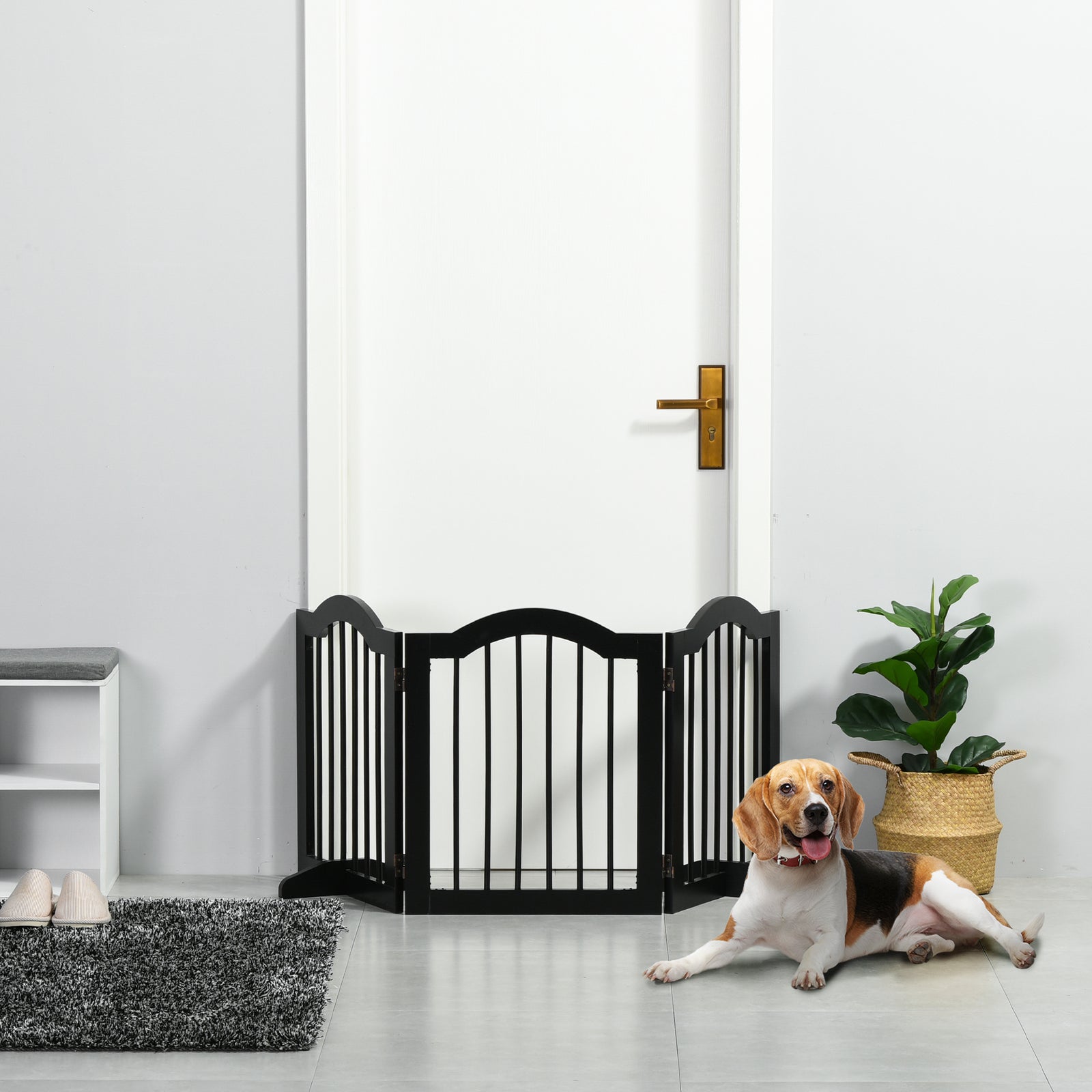 Freestanding Pet Gate Wooden Dog Gate with Support Feet Foldable Pet Fence Safety Barrier for the House Doorway Stairs Black