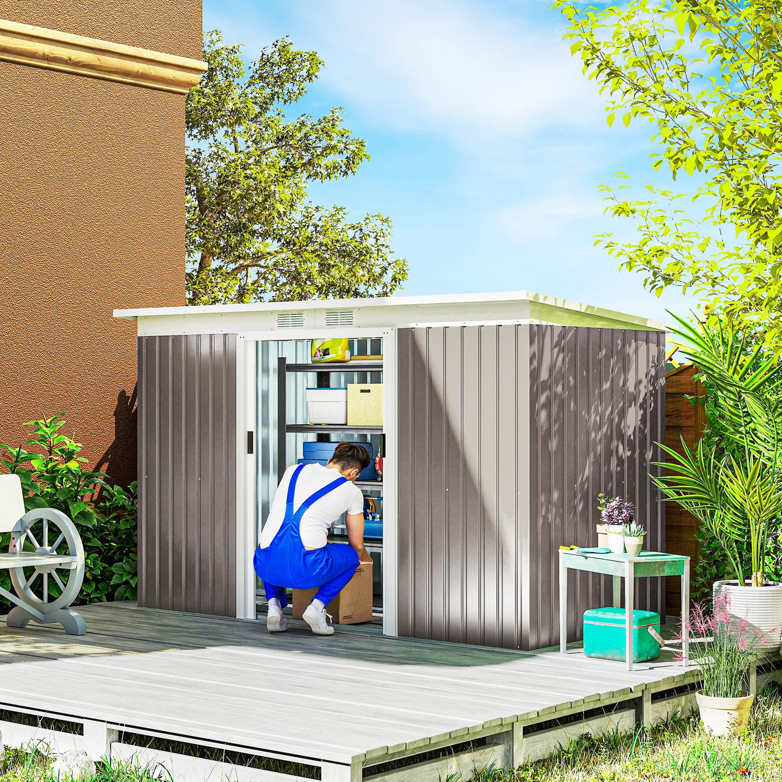 Corrugated Garden Metal Storage Shed Outdoor Equipment Tool Box with Kit Ventilation Doors 9x 4FT Light Grey