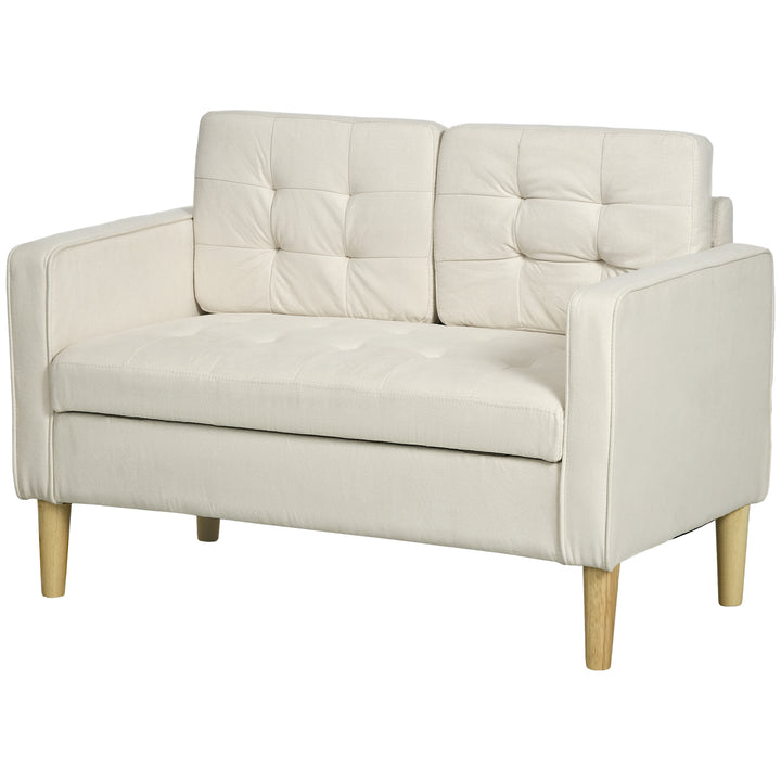 HOMCOM Modern Loveseat Sofa, Compact 2 Seater Sofa with Hidden Storage, 117cm Tufted Cotton Couch with Wood Legs, Cream White