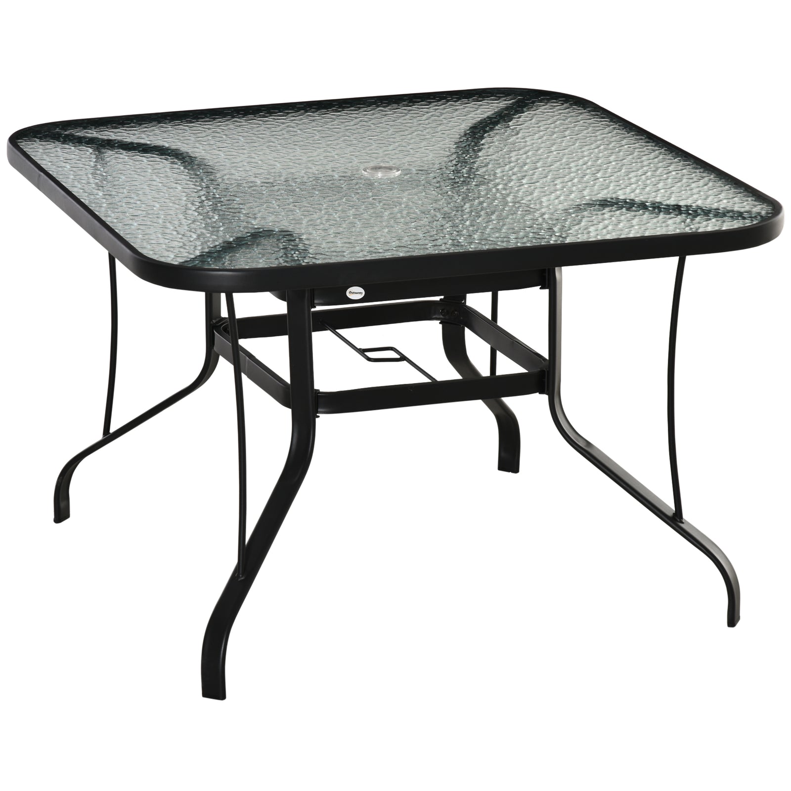 Square Outdoor Garden Dining Table with Parasol Hole, Tempered Glass Top, Steel Frame for Garden, Lawn, Patio, Black