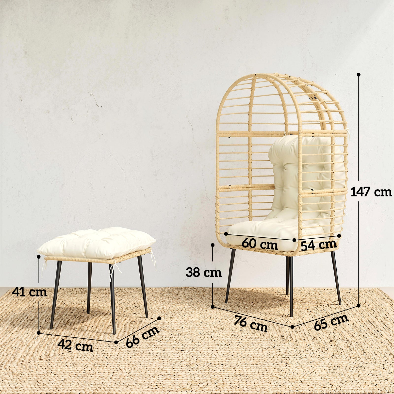 Garden Egg Chair with Footstool, Rattan Indoor Outdoor Lounge Chair an