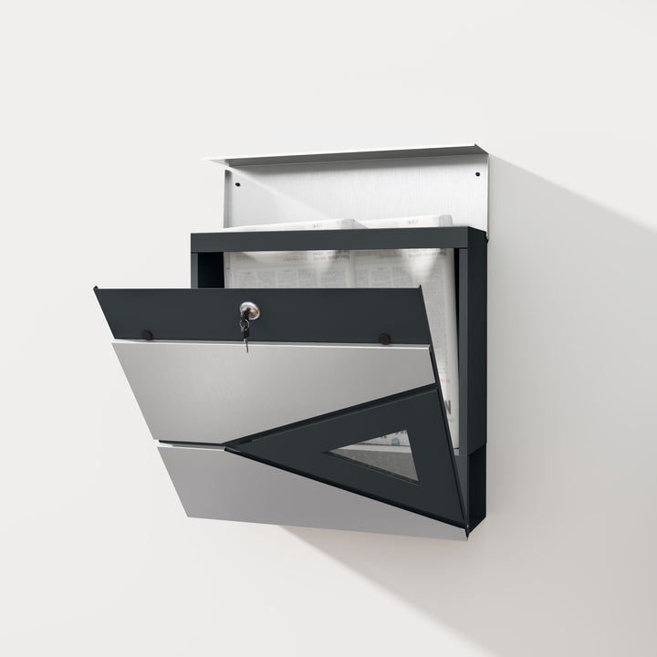 Wall Mounted Post Box with Viewing Window, 2 Lock, Modern Galvanised Steel Mailbox with Copper Core, Weatherproof Letterbox for Outdoor Use, Easy to Install, Silver