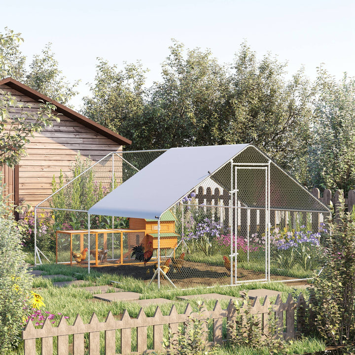 Chicken Run Galvanised Walk-in Chicken Coop Hen Poultry House Cage Rabbit Hutch Pet Playpen Garden w/ Water-Resist Cover, 3 x 4 x 2m