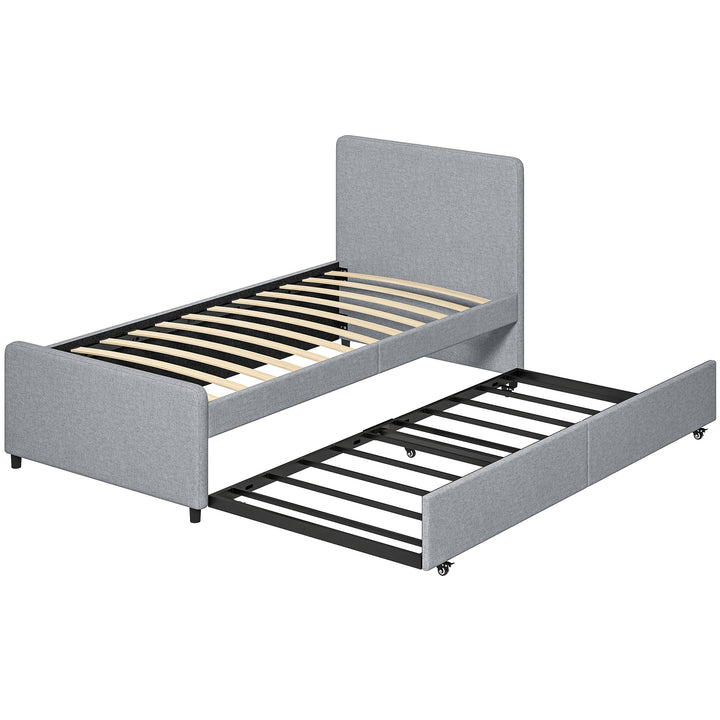 3ft Single Bed Frame with Trundle, Upholstered Pull Out Trundle Bed wi
