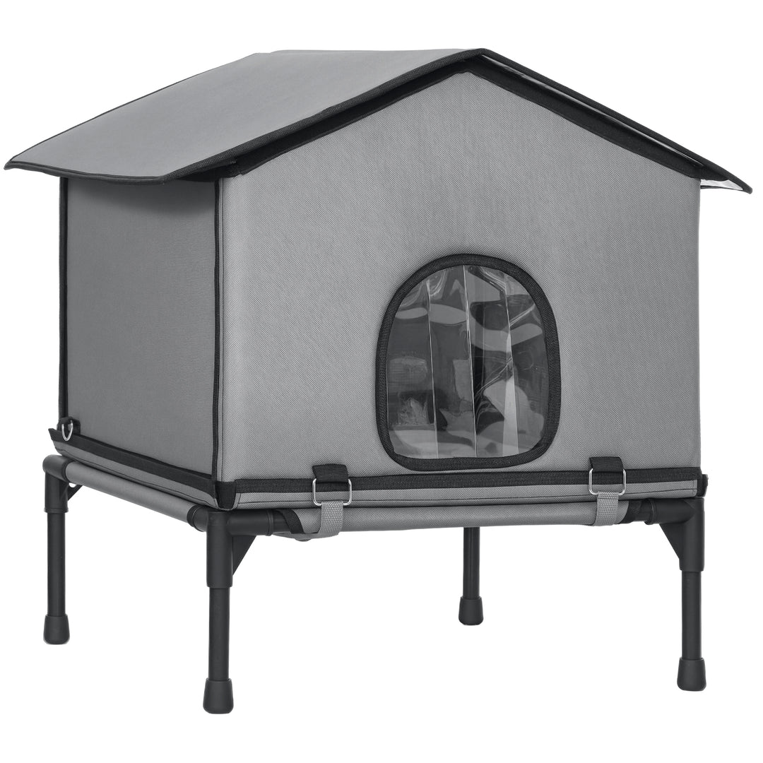 MCL Outdoor Cat House, Waterproof Insulated Cat Kennel with Elevated Base, Foldable Feral Kitty Shelter for Kittens, Grey