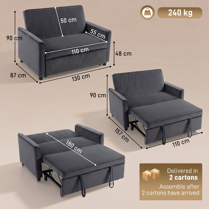 2 Seater Sofa Bed, 3-in-1 Convertible Pull Out Sleeper Sofa with Click