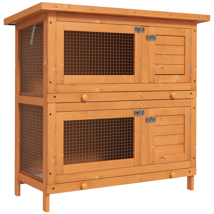 Pawhut Wooden Rabbit Hutch 2 Tiers Bunny House Rabbit Cage w/ Slide-Out Tray and Hinged Opening Roof Small Animal House for Indoor | Aosom UK