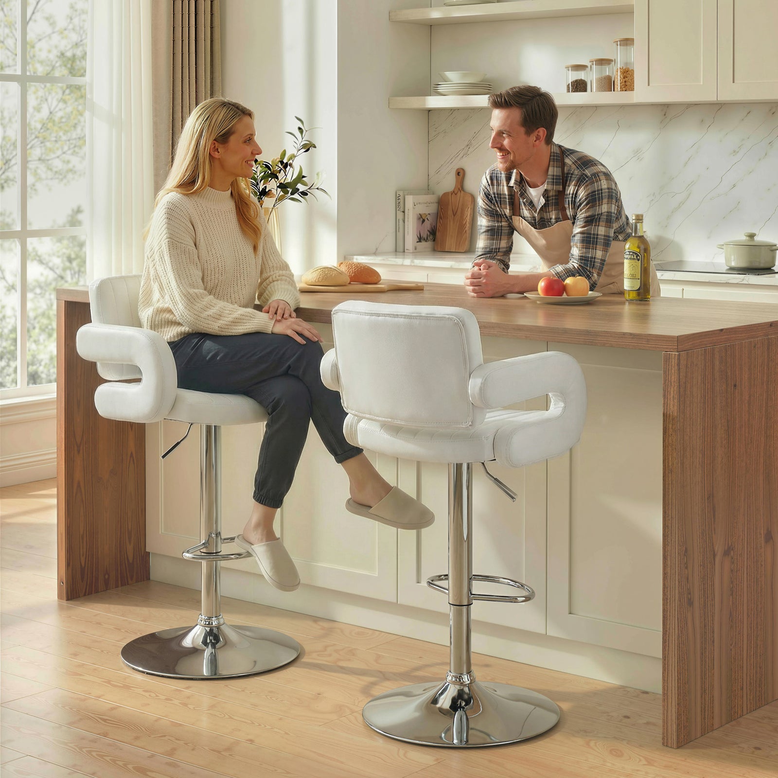 Bar Stools Adjustable Swivel Kitchen Chairs with Backrest Armrest Set 