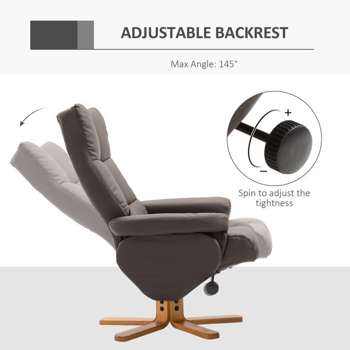Recliner Armchair, Swivel Reclining Chair With Ottoman, Swivel Faux Leather Chair with Wooden Base and Storage Footstool for Living Room, Brown
