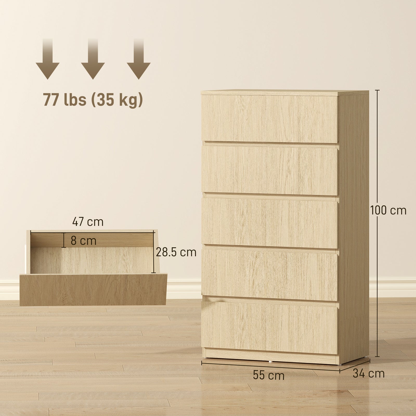 Chest of Drawers, 5-Drawer Storage Cabinets, Modern Dresser, Storage D