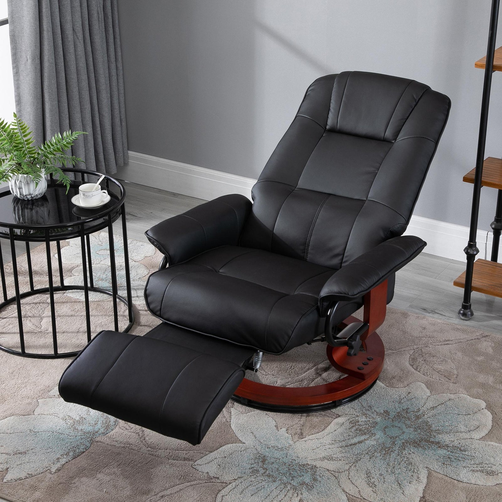 360° Swivel Recliner Chair with Footstool, Manual Recliner Armchair with Wooden Base, Faux Leather Upholstered Reclining Chair for Living Room, Bedroom, Office, Black