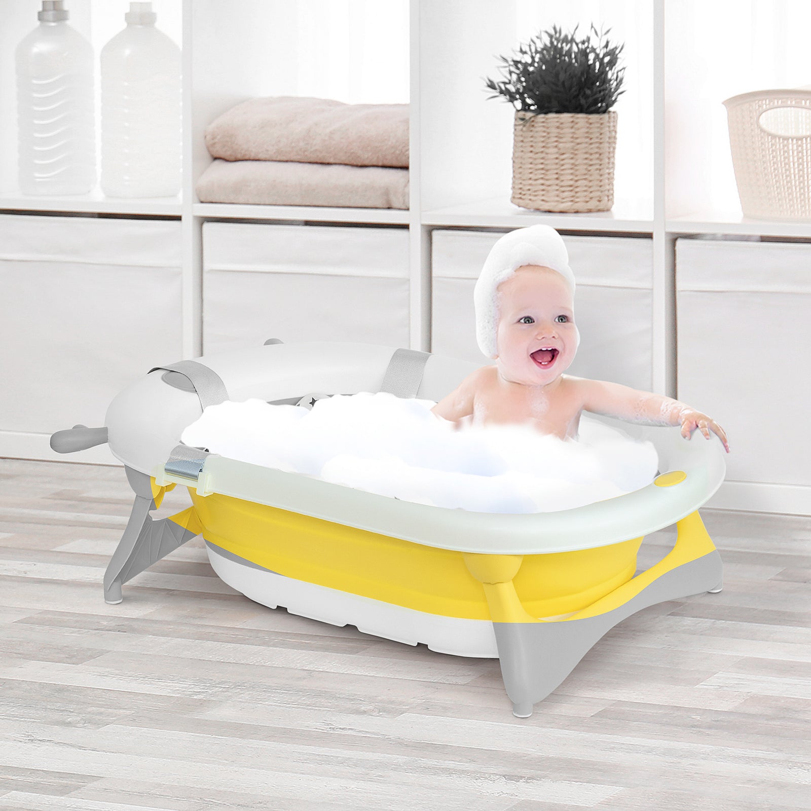 Foldable Baby Bathtub Set, Collapsible Bath Tub with Thermostatic Water Plug, Non-Slip Support, Cushion Pad, Drain Plugs, for Newborn to 3 Years - Yellow
