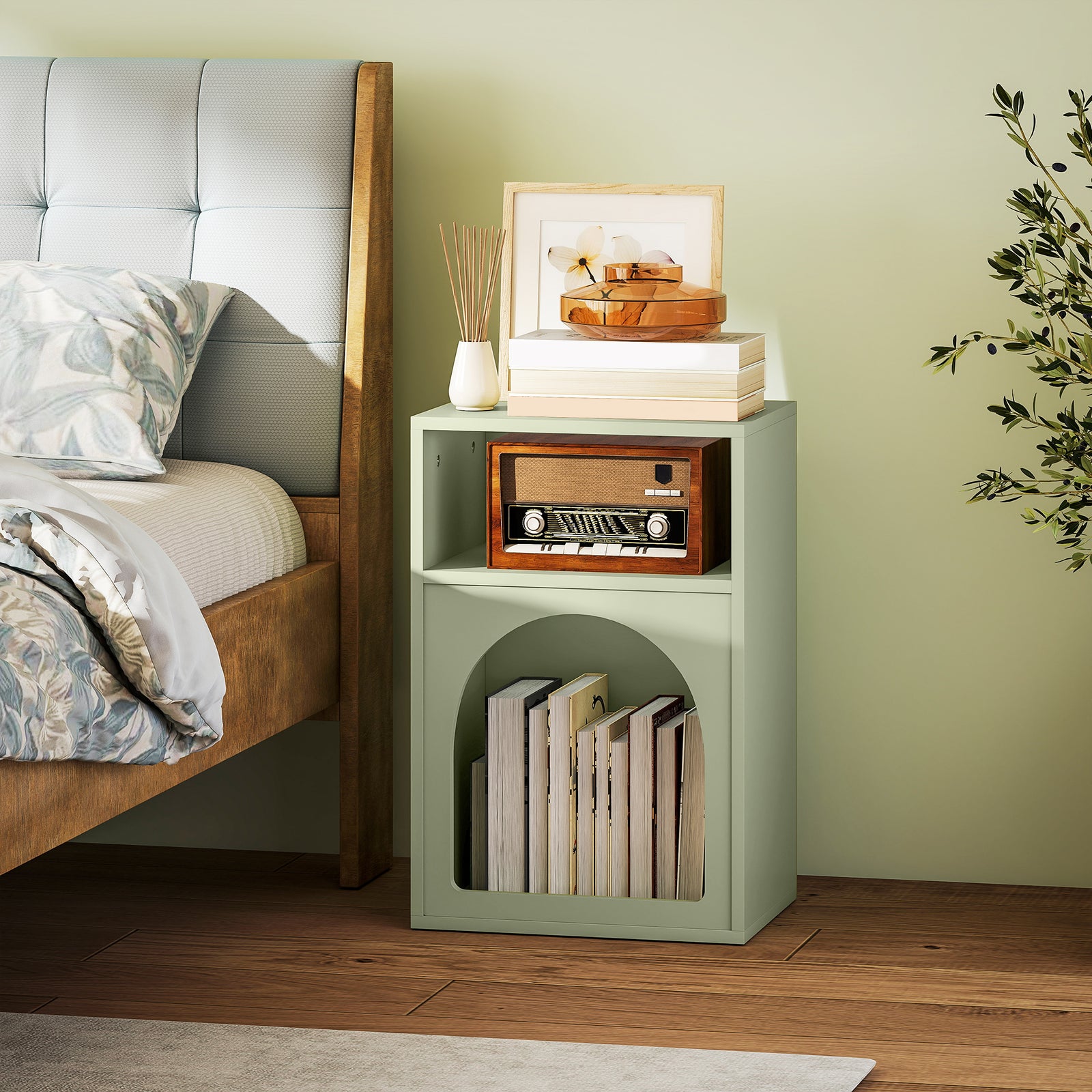 Bedside Table with 2 Open Compartments - Light Green