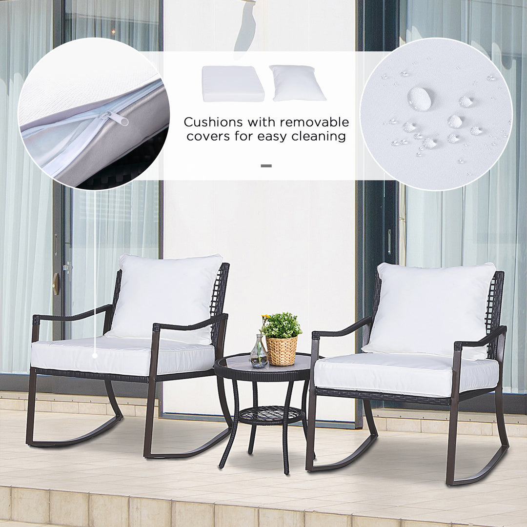 Rattan Bistro Set, 3 Pieces Wicker Garden Furniture Set with Rocking Chairs and Round Glass Top Coffee Table, Small Balcony Furniture with Cushions for Outdoor, Porch, Brown