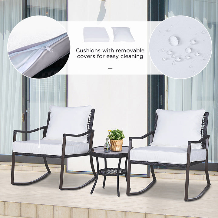 Rattan Bistro Set, 3 Pieces Wicker Garden Furniture Set with Rocking Chairs and Round Glass Top Coffee Table, Small Balcony Furniture with Cushions for Outdoor, Porch, Brown