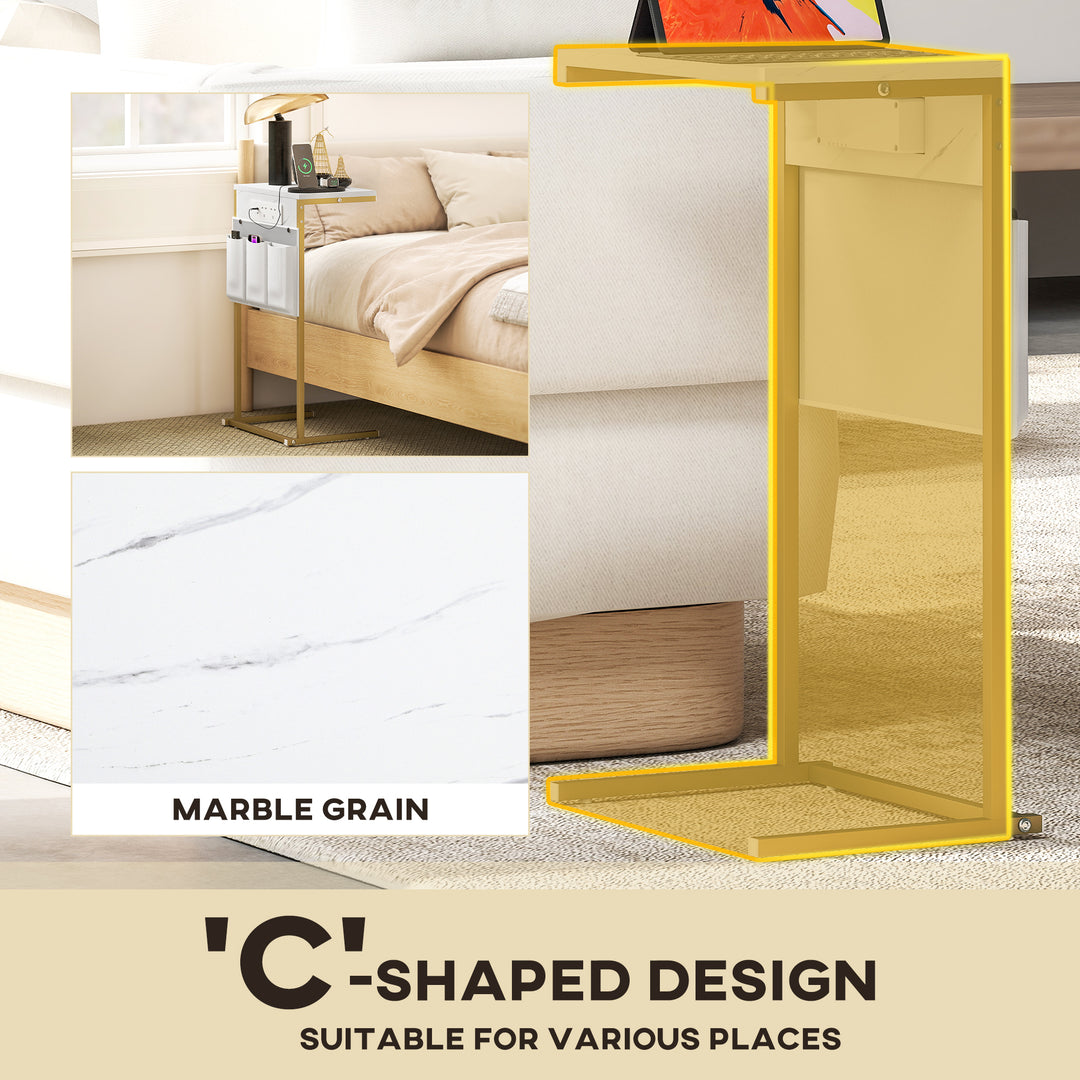 C-Shaped Bedside Table with Charging Station, Marble Grain Side Table with Power Outlets & USB Ports, Storage Bags, for Bedroom, Living Room, White