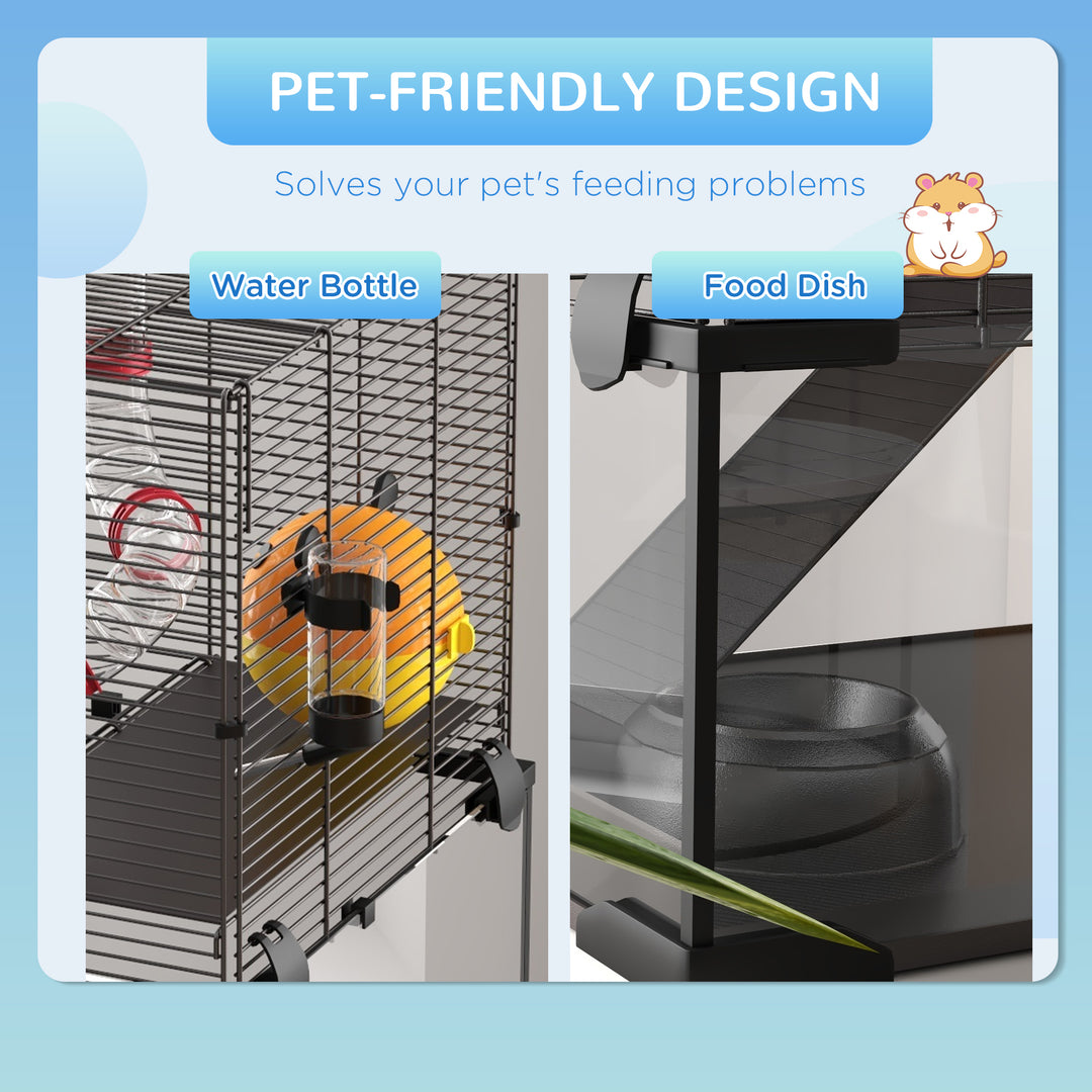 PawHut Gerbil Cage Dwarf Hamster Cage, with Deep Glass Bottom, Tunnels, Hut, Exercise Wheel, 60 x 40 x 57cm
