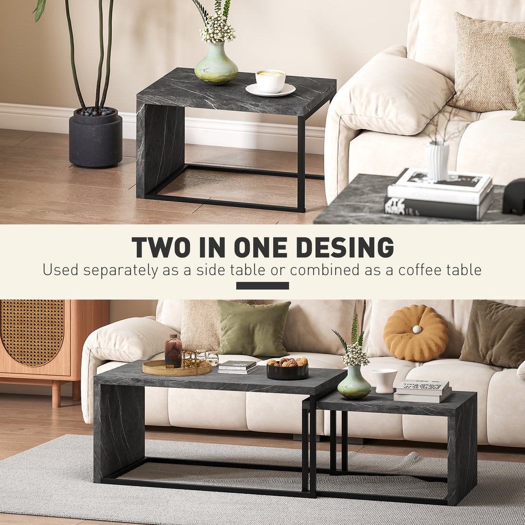 Coffee Tables Set of 2, Industrial Nest of Tables with Metal Frame for Living Room Bedroom, Dark Grey Marble Effect